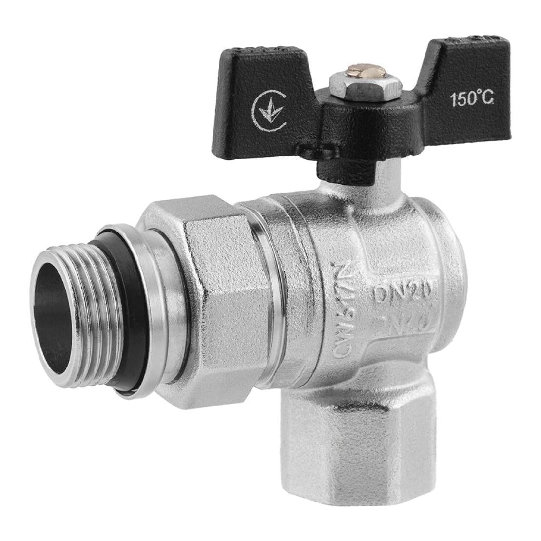 Кран-американка шаровая угловая Kroner ВН PN40 3/4" бабочка/никелированная (CV033224)