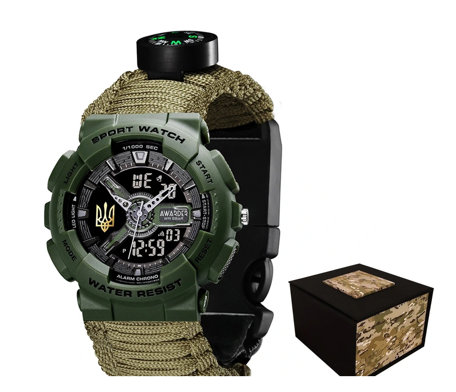 Наручний годинник Awarder 005P Тризуб золото Army Green Паракордовий ремінець Army Green з коробкою (26278)
