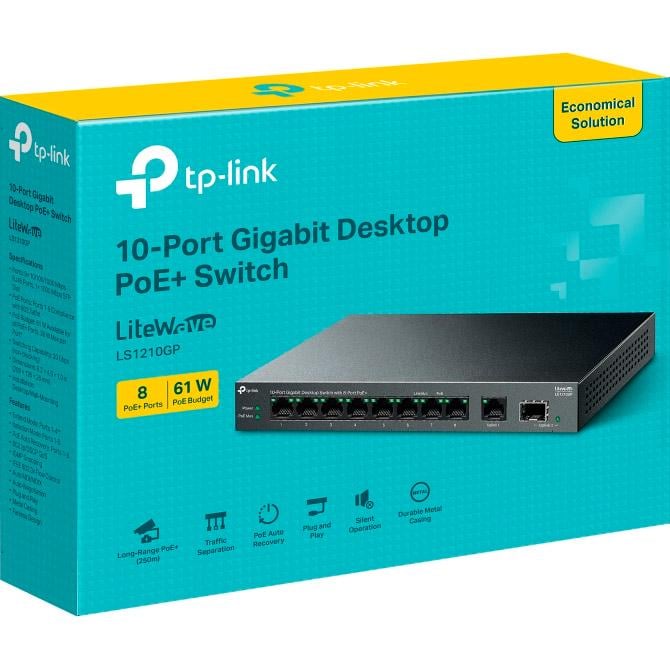 Коммутатор неуправляемый TP-Link LiteWave LS1210GP 20 Gbps 8xPoE+ 1xSFP 61W Black (30492208) - фото 4