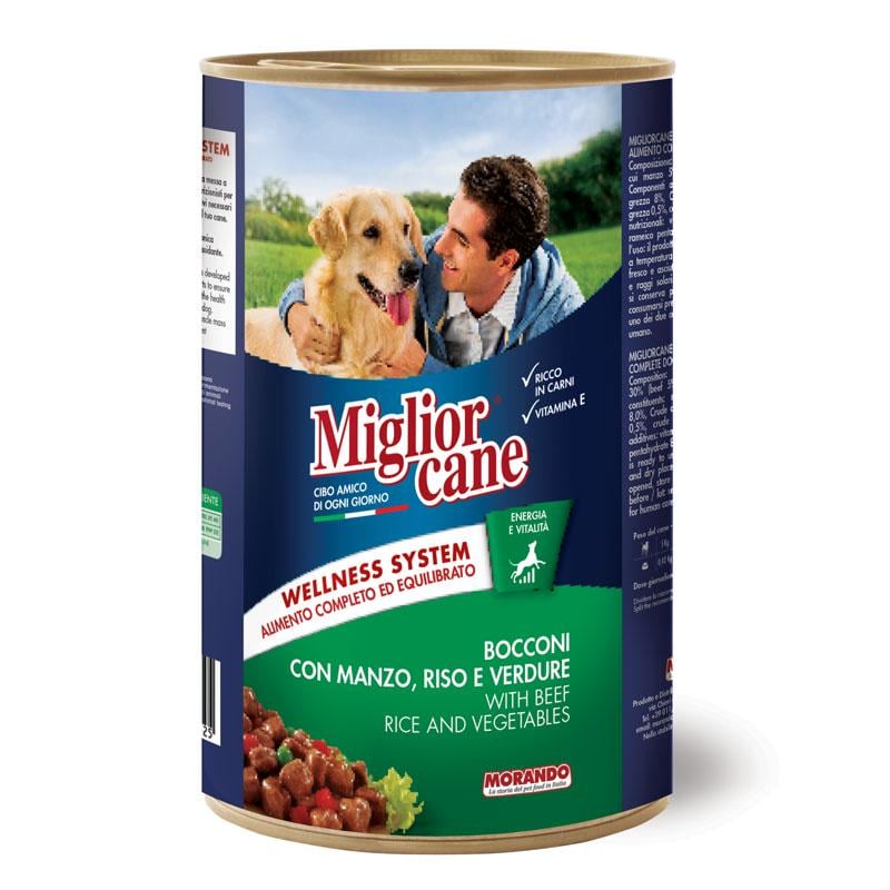 Корм вологий для собак Migliorcane зі шматочками яловичини рисом та овочами 1250 г (8007520011518)