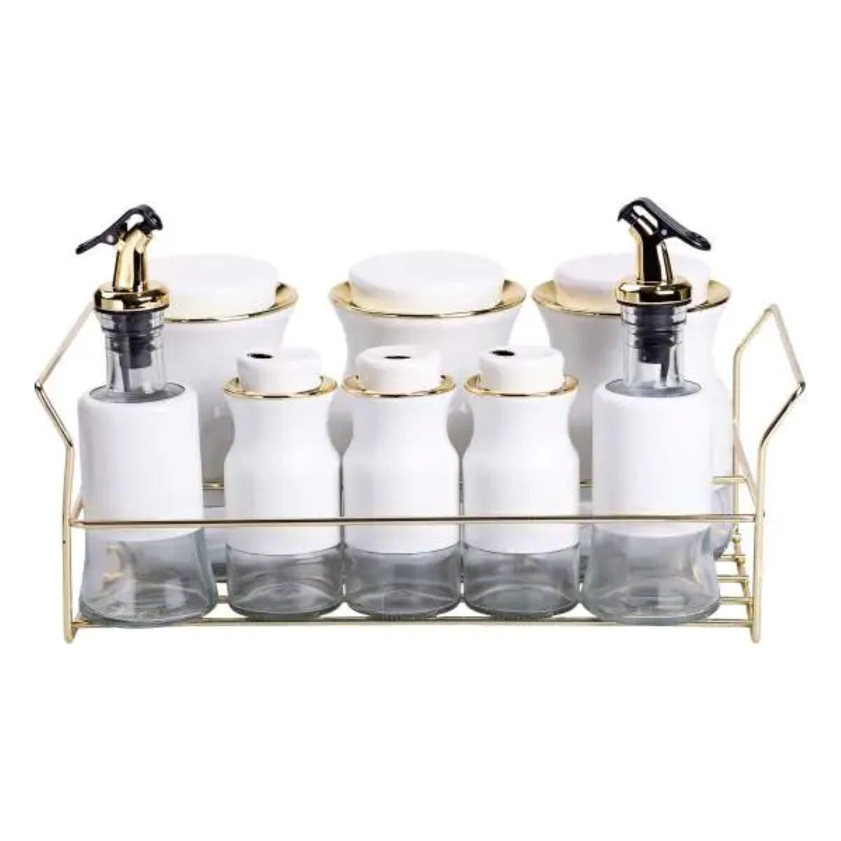 Набор для специй на подставке с бутылками для масла и уксуса 8 предметов Белый (6801) - фото 2 Набор для специй на подставке с бутылками для масла и уксуса 8 предметов Белый (6801) - фото 2