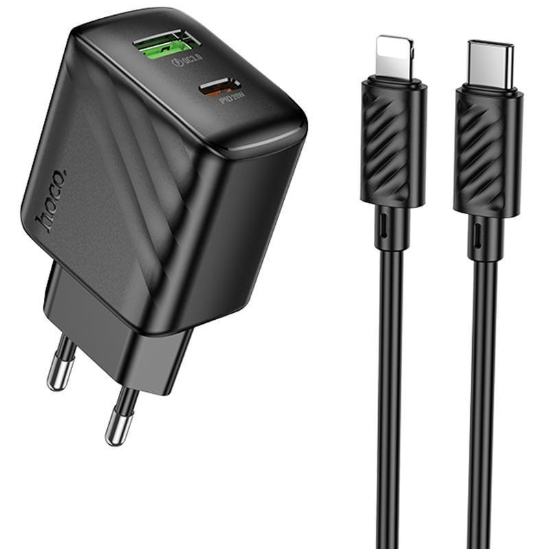 Зарядний пристрій мережевий Hoco CS25A Rico PD20W/QC3.0 1USB-A/1C з кабелем Type-C to Lightning Black (00000079057_1)