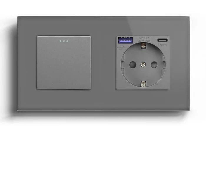 Вимикач прохідний LUXION універсальний з розеткою USB A+C 20Вт із заземленням скло Сірий