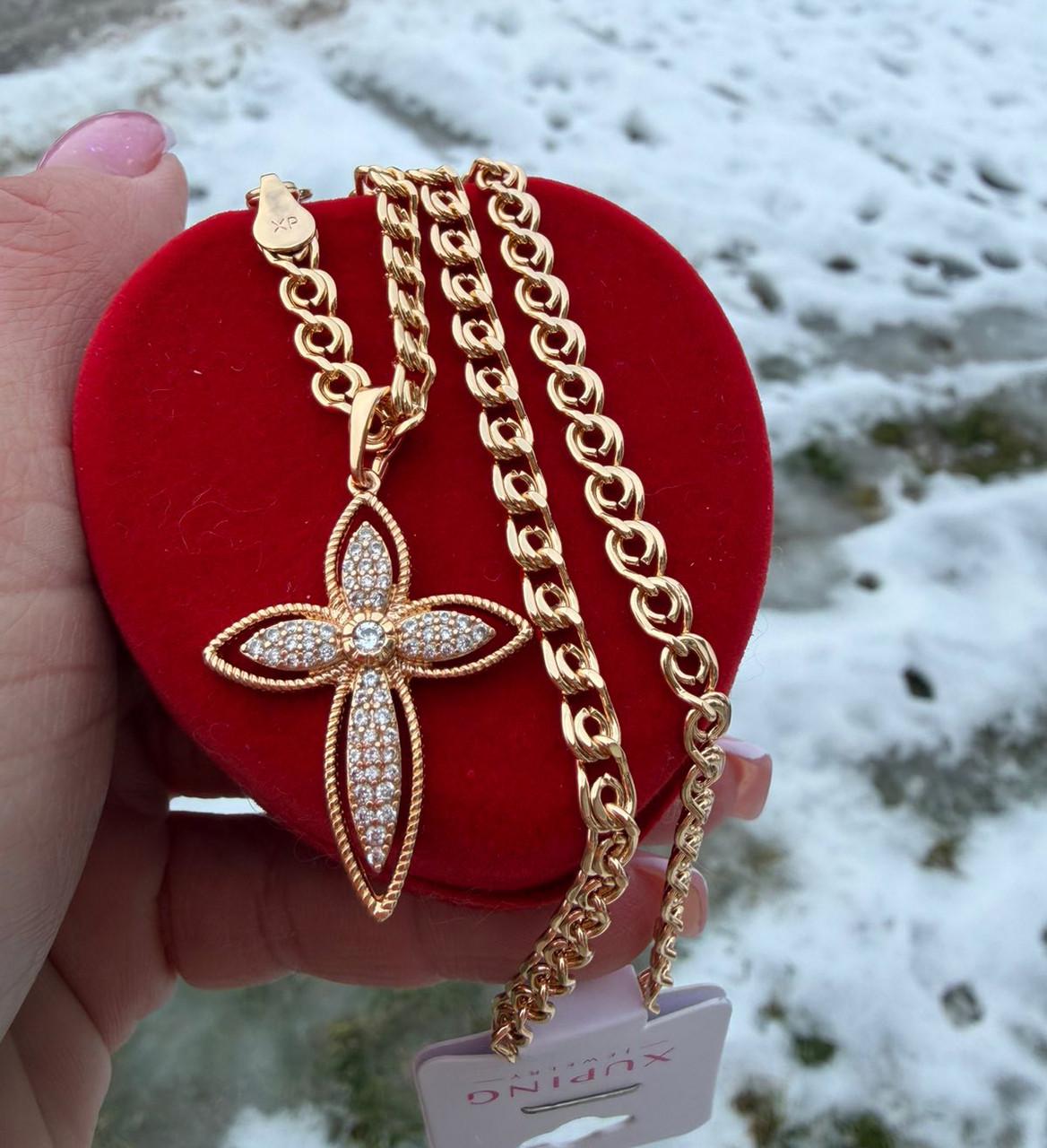 Набор украшений Xuping цепочка якорное плетение 50 см 4 мм/крестик цветок 3 см 18к 585п Золотой (82-067)