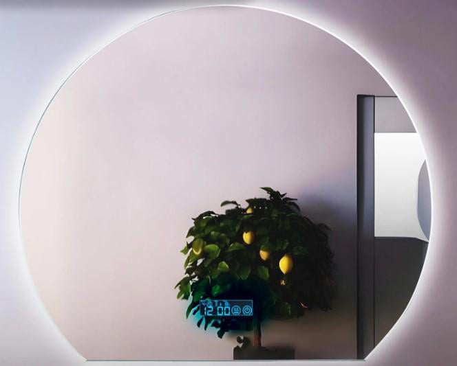 Зеркало для ванной комнаты настенное KAYFOVO круглое с LED подсветкой/сенсорной смарт панелью/подогревом/информационным дисплеем 59х51 см (334171)