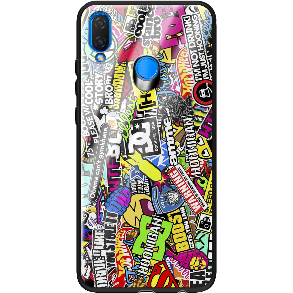 Чехол Boxface Huawei P Smart Plus Multicolored Inscriptions Черный силикон со стеклом (34912-up880-37724)