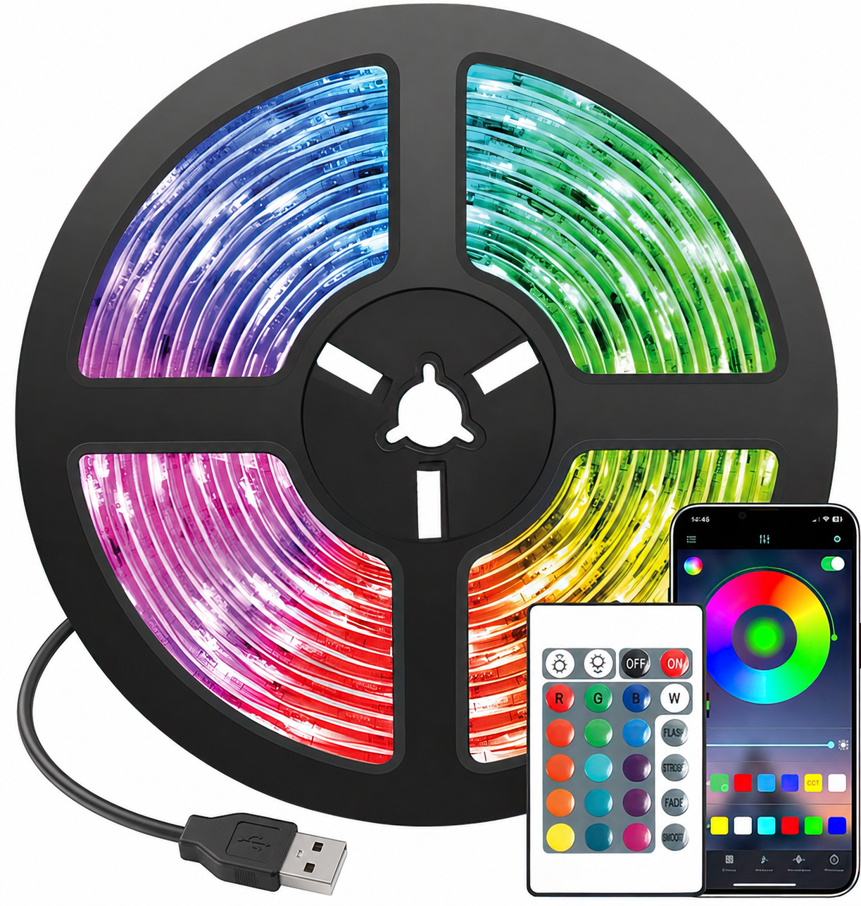 Світлодіодна стрічка смарт rgb smd 5050 usb з bluetooth додатком IP65 самоклеюча з пультом 5 м (2778039661)