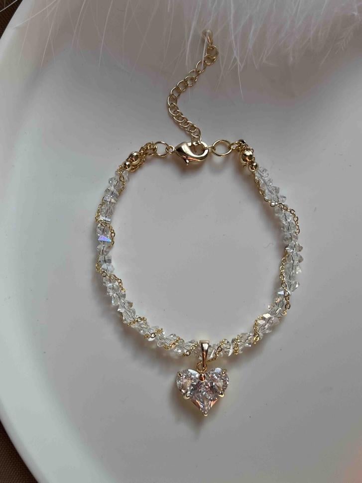 Браслет кришталевий з серцем та ланцюжком в золоті (5635)