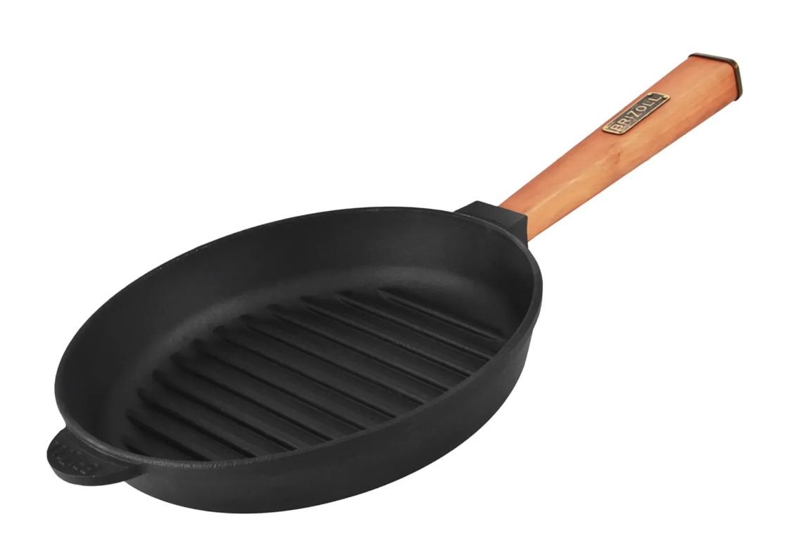 Сковорода чугунная Brizoll гриль Optima с деревянной ручкой 280х50 мм