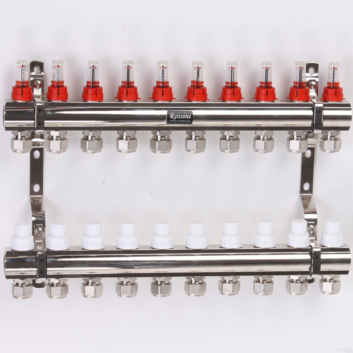 Коллектор теплого пола Rossini на 10 контуров с расходомерами и евроконусами