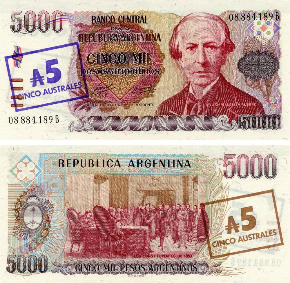 Коллекционная банкнота Аргентина 5 аустраль 1985 UNC 50000 песо P321 (Б15862)