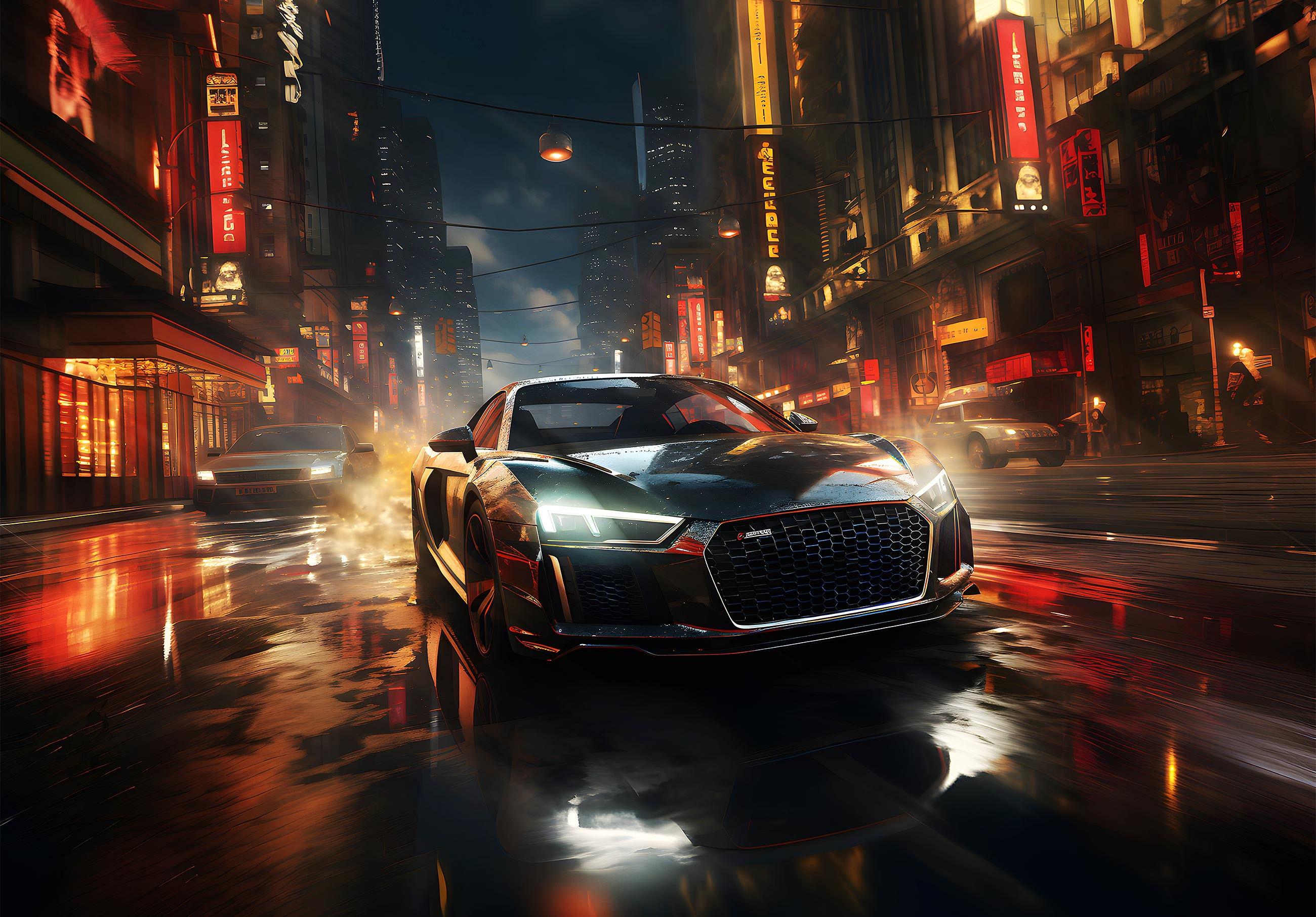 Фотошпалери флізелінові 3D Чорна машина у нічному місті з клеєм 368x254 см (14758V8) - фото 2