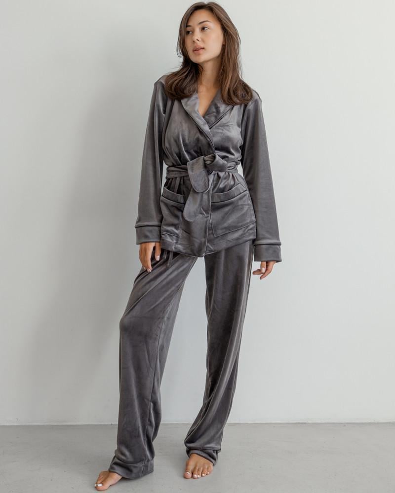 Піжама на запах велюрова р. 44 Сірий (5004) - фото 1 Піжама на запах велюрова р. 44 Сірий (5004) - фото 1