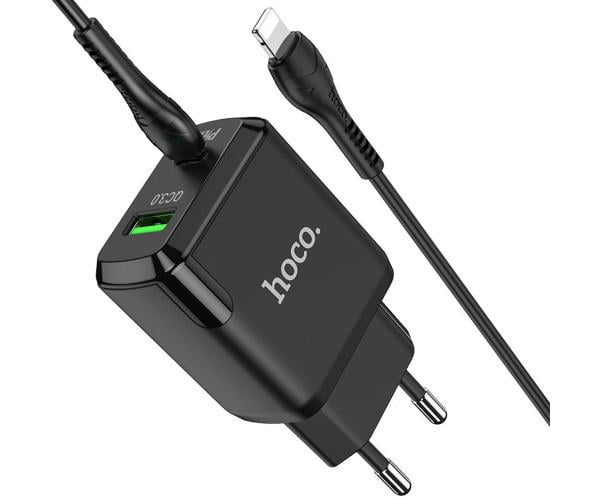Устройство сетевое зарядное Hoco N5 USB QC3,0 Type-C PD - Lightning 3A 1 м Black Устройство сетевое зарядное Hoco N5 USB QC3,0 Type-C PD - Lightning 3A 1 м Black