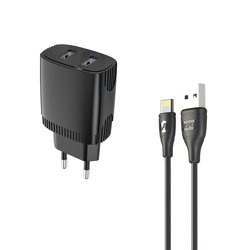 Зарядное устройство для телефонов Aspor A811 2,4 A 2 USB кабель Lightning Черный (557-925110)