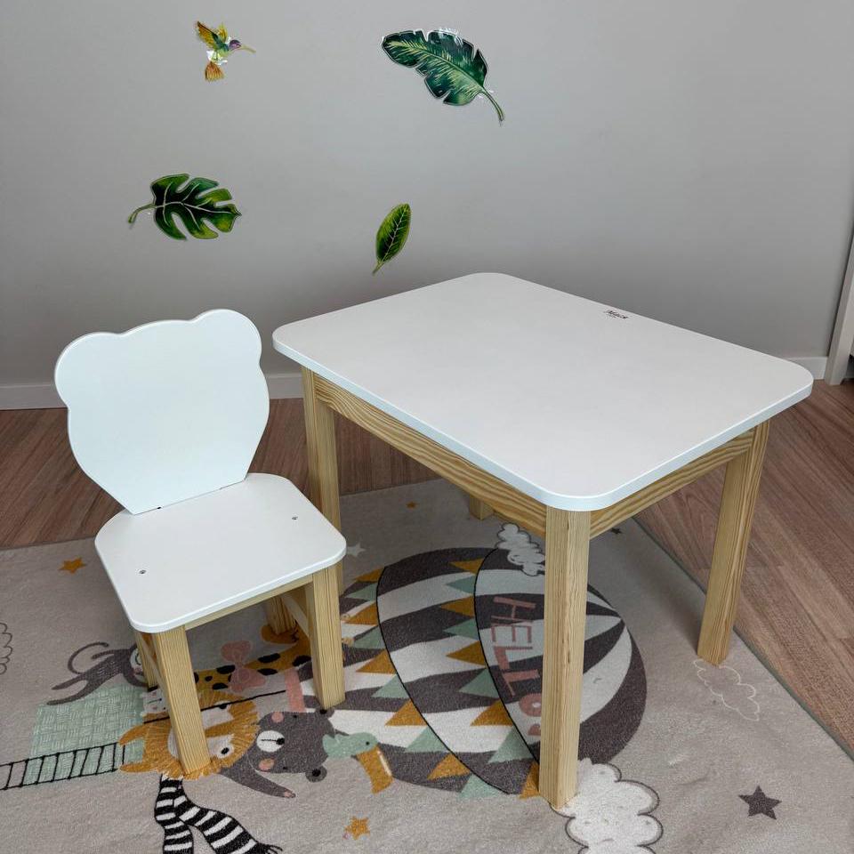 Столик с ящиком и стульчик мишка Белый