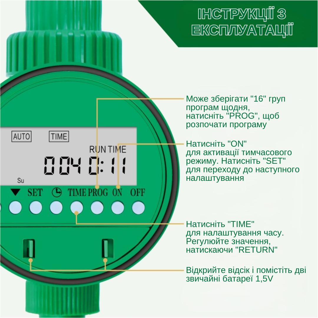 Программируемый таймер подачи воды XON E-Tech WaterTimer X341 для полива Зеленый (XWTDA072401G 7744) - фото 7 Программируемый таймер подачи воды XON E-Tech WaterTimer X341 для полива Зеленый (XWTDA072401G 7744) - фото 7