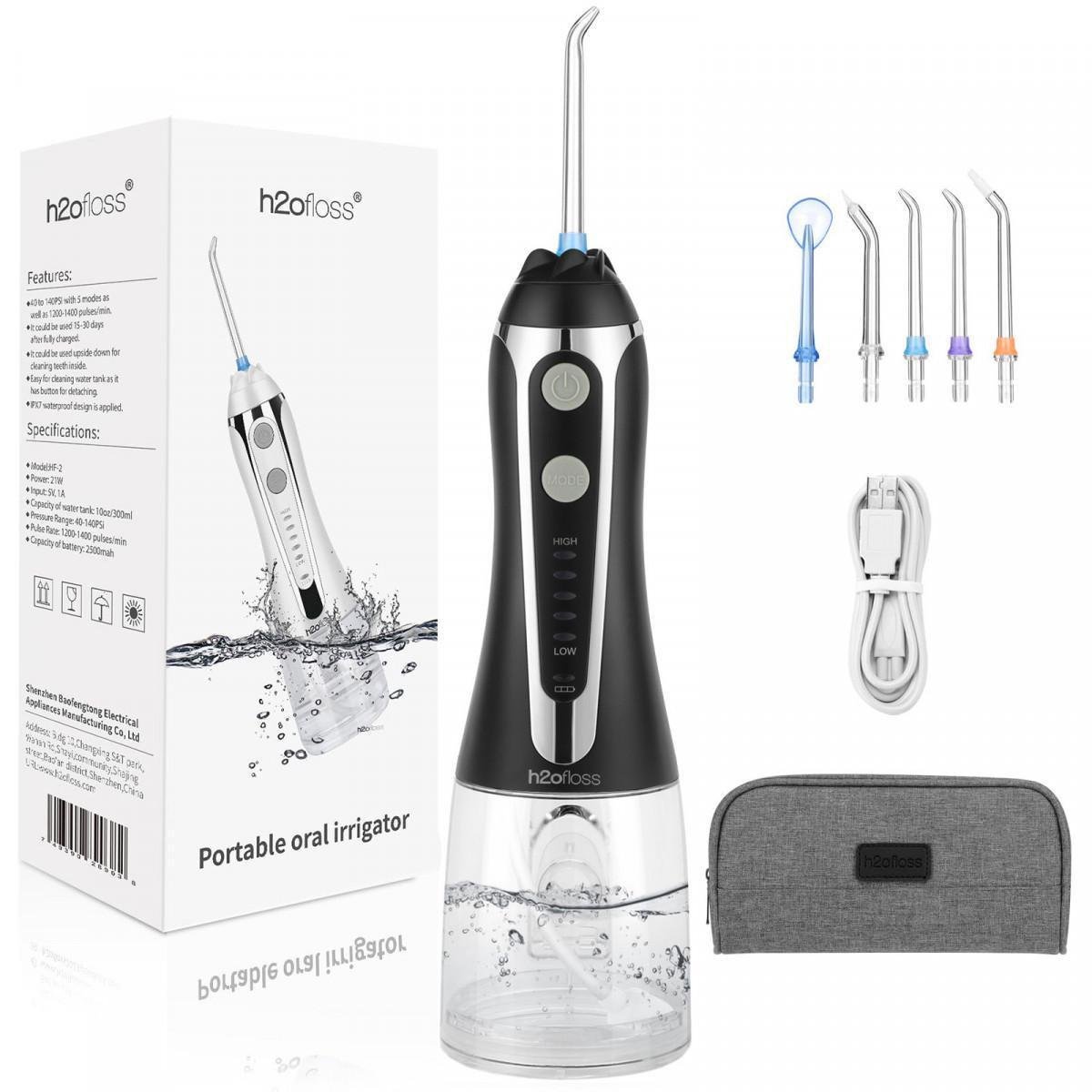 Ирригатор h2ofloss hf-2 портативный 5 насадок Черный (7049)