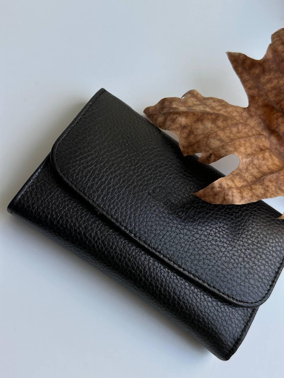 Кошелек женский на кнопке фактурная натуральная кожа Черный (401058)