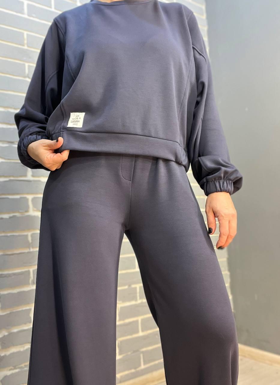 Костюм женский CREP 82287 бифлекс свитшот и брюки палаццо M Графитовый (1613) - фото 3
