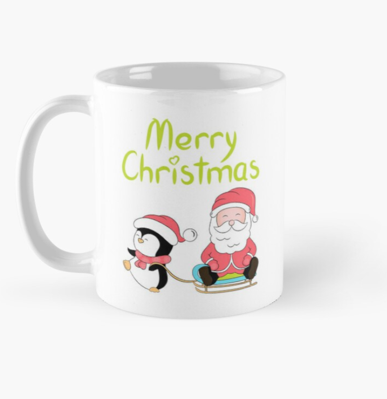 Чашка керамічна з принтом Merry Christmas Пінгвін та Санта Клаус 330 мл Білий
