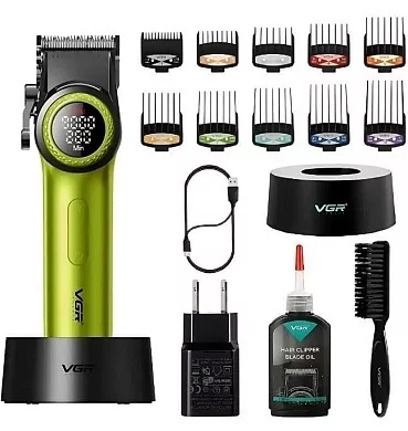 Машинка для стрижки волос мужская VGR V-001 GGB 10 насадок 4600 mAh LED дисплей Салатовый