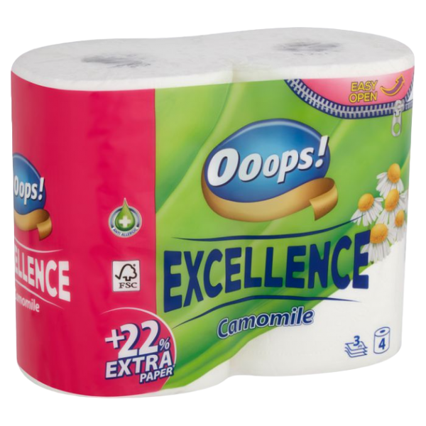 Туалетная бумага Ooops! Excellence Ромашка 3 слоя 150 отрывов 4 шт.