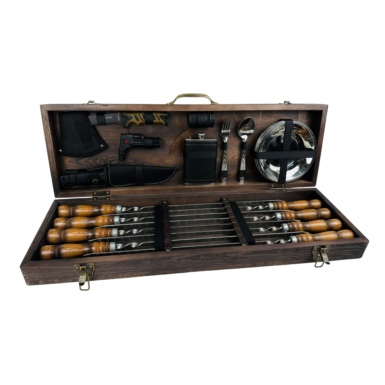 Подарочный набор шампуров с деревянными ручками Пикник в кейсе из дерева с аксессуарами