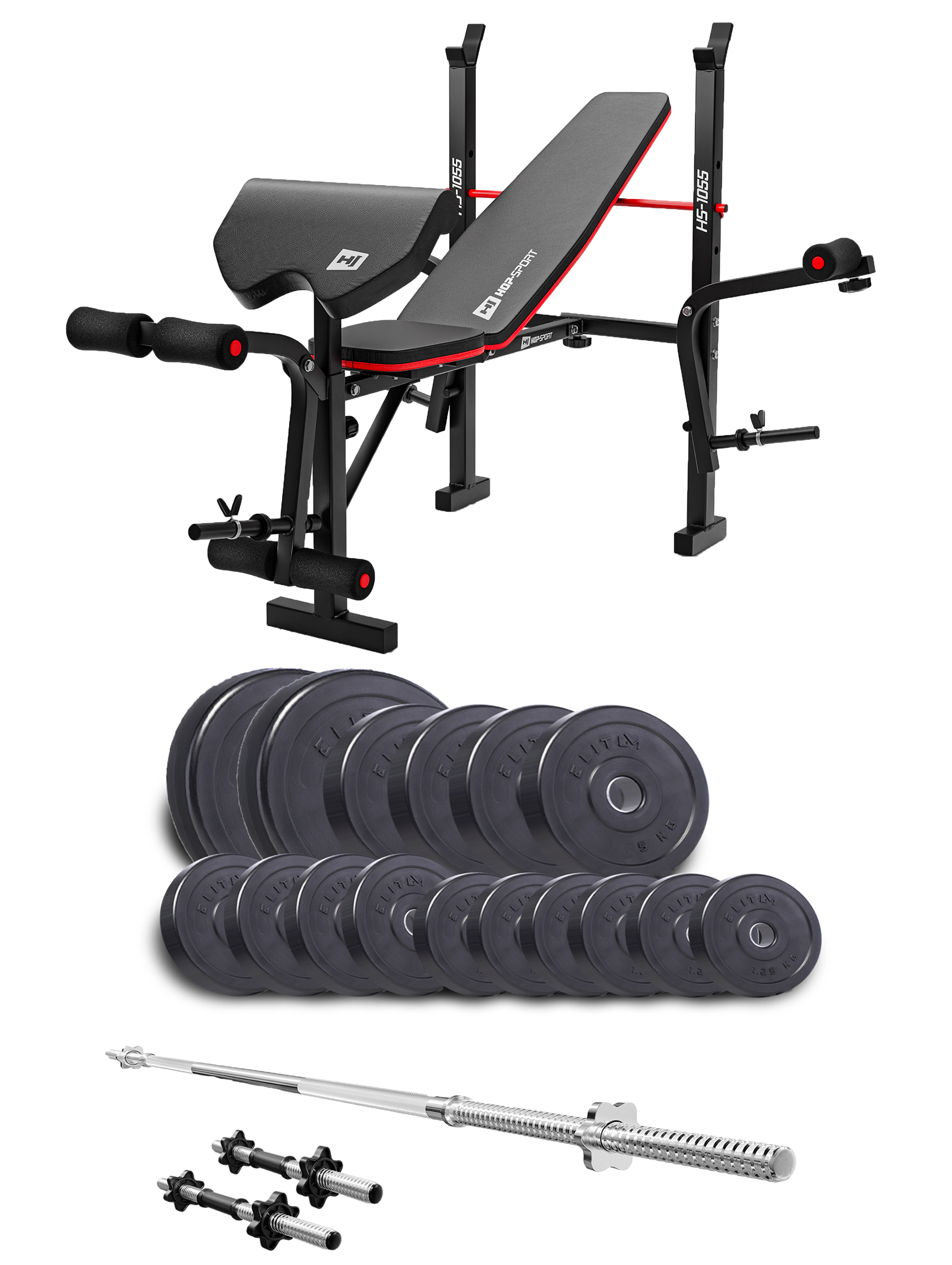 Набір Elitum Titan 68 кг з лавою HS-1055 Pro штангою та гантелями