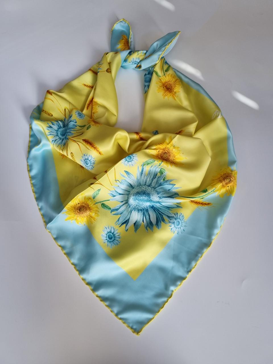 Платок женский патриотический шелковый Подсолнухи 90х90 см Сине-желтый