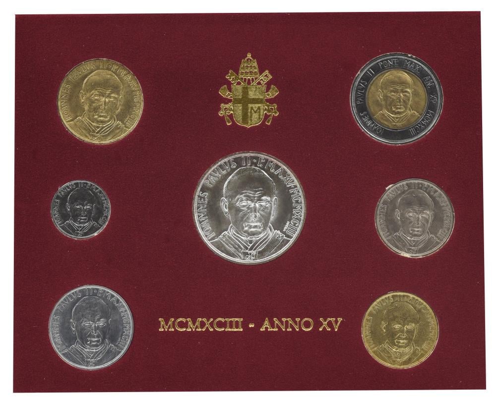 Коллекционные монеты Ватикан 7 шт. 1993 AU-UNC Папа Римский-Иоанн Павел II/15-й год правления (М22373) Коллекционные монеты Ватикан 7 шт. 1993 AU-UNC Папа Римский-Иоанн Павел II/15-й год правления (М22373)