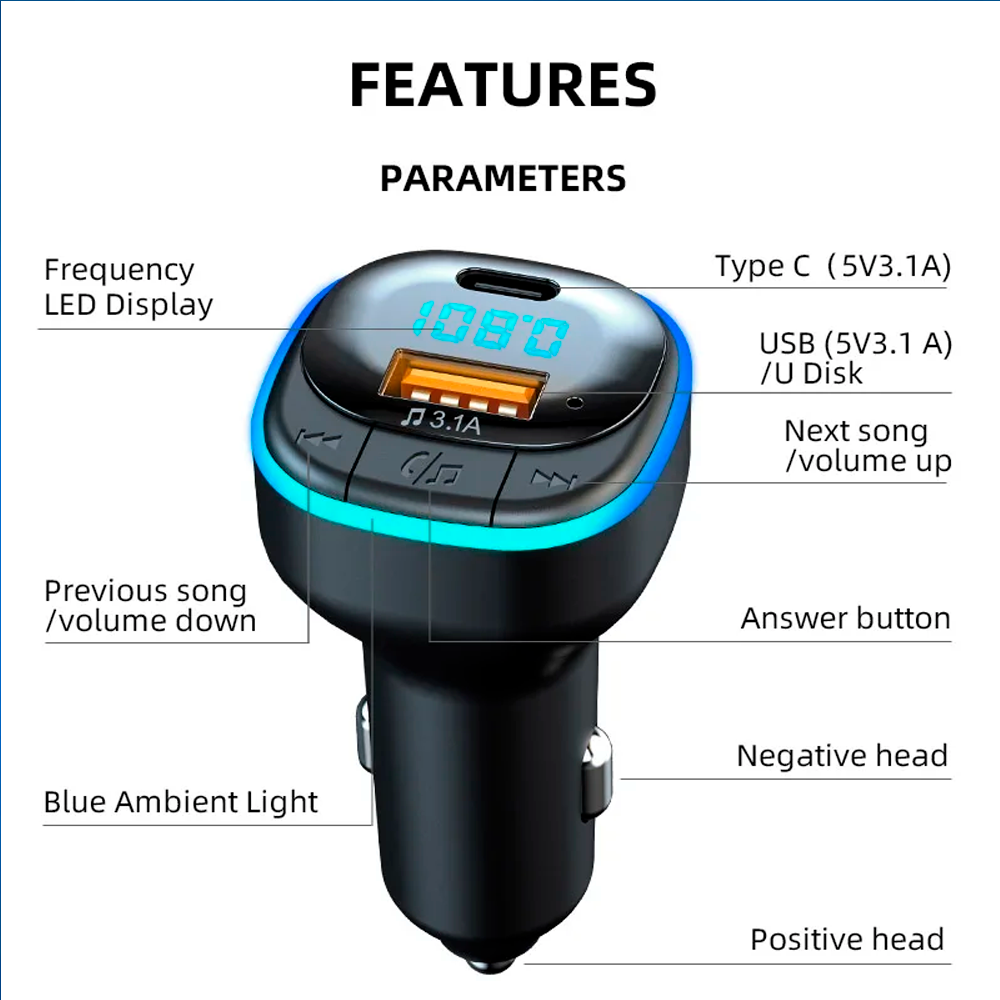 FM-трансмиттер Terra С33 Bluetooth 5.0 с вольтметром и USB 3.1А/Type C (2079569054) - фото 4