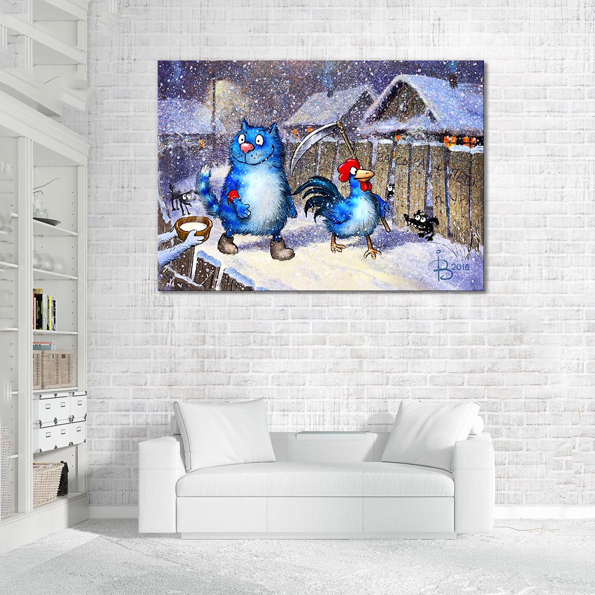 Модульная картина Кот и Петух дежурят в Новогоднюю ночь 1 модуль 70x105 см (_rinaz_20162225009)