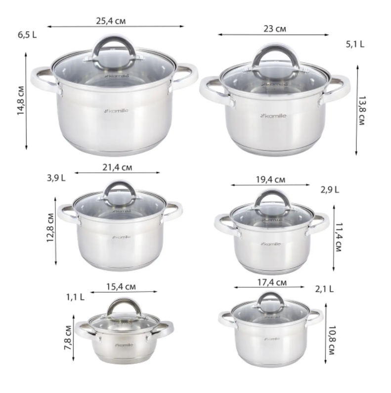 Набір каструль Kamille KM-5638S нержавіюча сталь 12 предметів 1,0/1,8/2,5/3,8/4,5/6,5 л (NA002036) - фото 2 Набір каструль Kamille KM-5638S нержавіюча сталь 12 предметів 1,0/1,8/2,5/3,8/4,5/6,5 л (NA002036) - фото 2