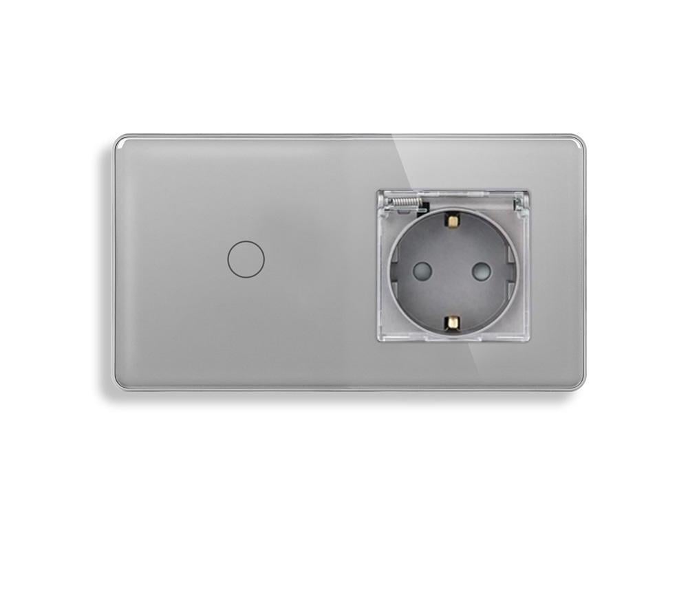 Выключатель проходной/сенсорный ELIOS с розеткой IP44 крышка 16А 230В с заземлением/шторками стекло Серый