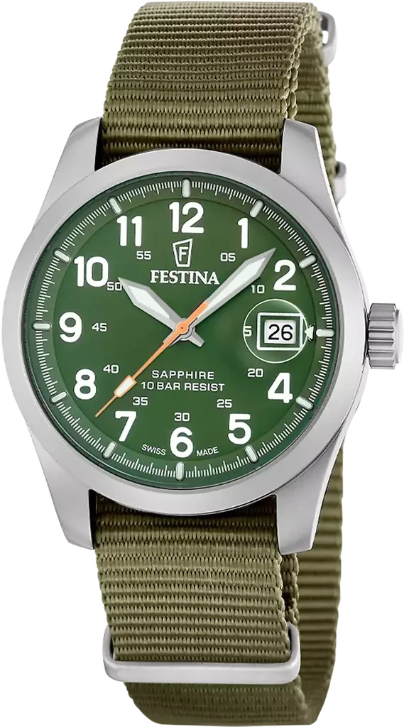 Наручные часы мужские Festina F20082/2 Field Watches Swiss Made со стальным корпусом/сапфировым стеклом WR 100 м и зеленым циферблатом