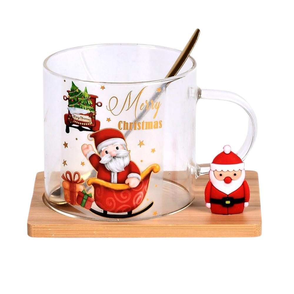 Чашка с ложкой новогодняя Santa R100357 на подставке 250 мл Прозрачный/Коричневый (29424464)