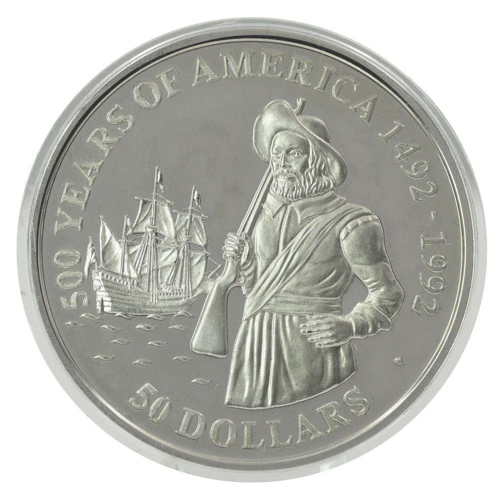 Коллекционная монета Острова Кука 50 долларов 1990 серебро Proof 500 лет Открытие Америки-Генри Гадсон (М22603)