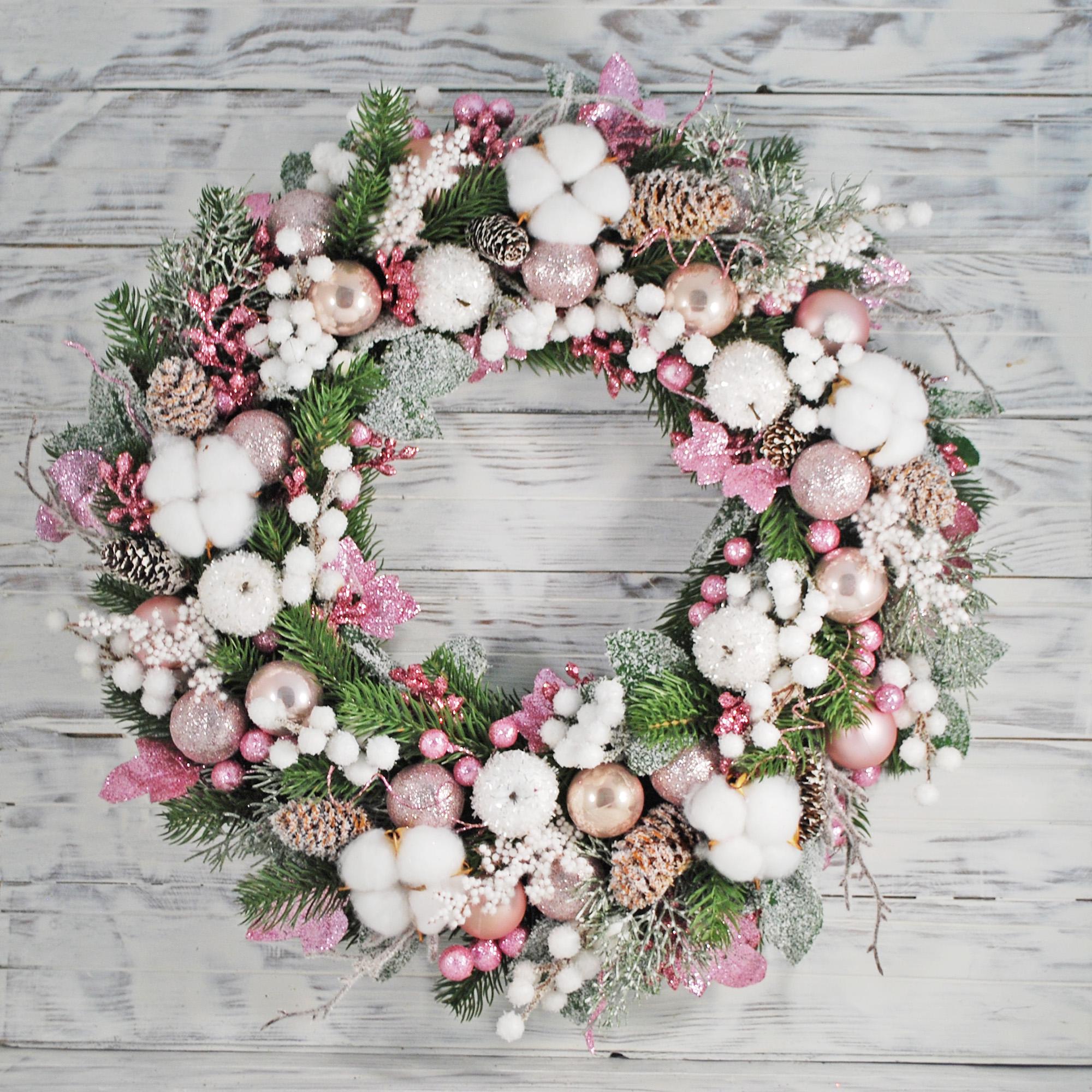 Венок новогодний 43 см Розовый/Белый (4780200) - фото 1 Венок новогодний 43 см Розовый/Белый (4780200) - фото 1