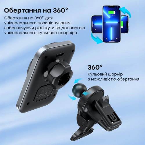 Автомобільний зарядний пристрій Choetech 15 W магнітне кріплення PD3.0/QC3.0/USB-C Black (T206-F) - фото 4