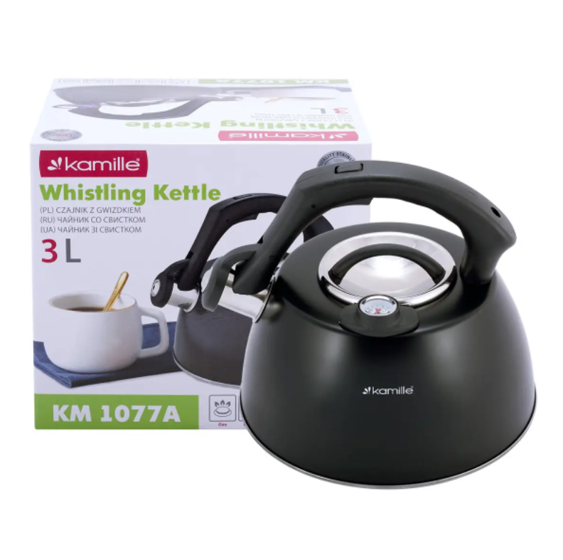 Чайник Kamille KM-1077A из нержавеющей стали со свистком и термометром для индукции и газа 3 л (NA002381)