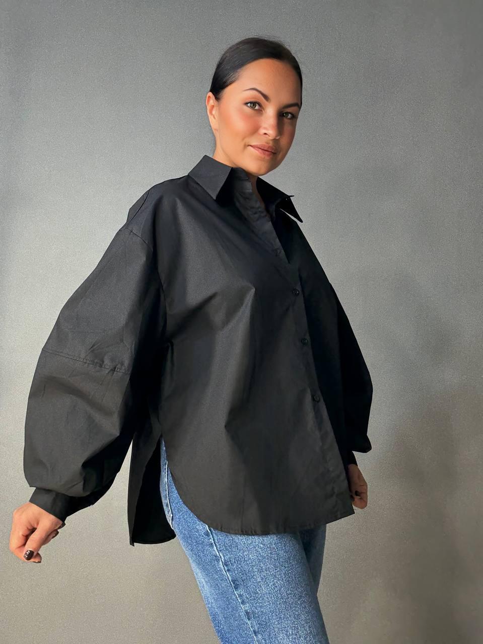 Рубашка женская Lan Lan 7503 оверсайз широкая длинная с пышным рукавом OS Черный (4910) - фото 4