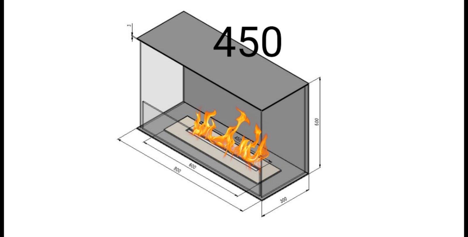 Біокамін вбудований трьохсторонній безрамочний 800 мм з пальником та захисним склом в комплекті лінія вогню 450 мм Чорний (11501260) - фото 5
