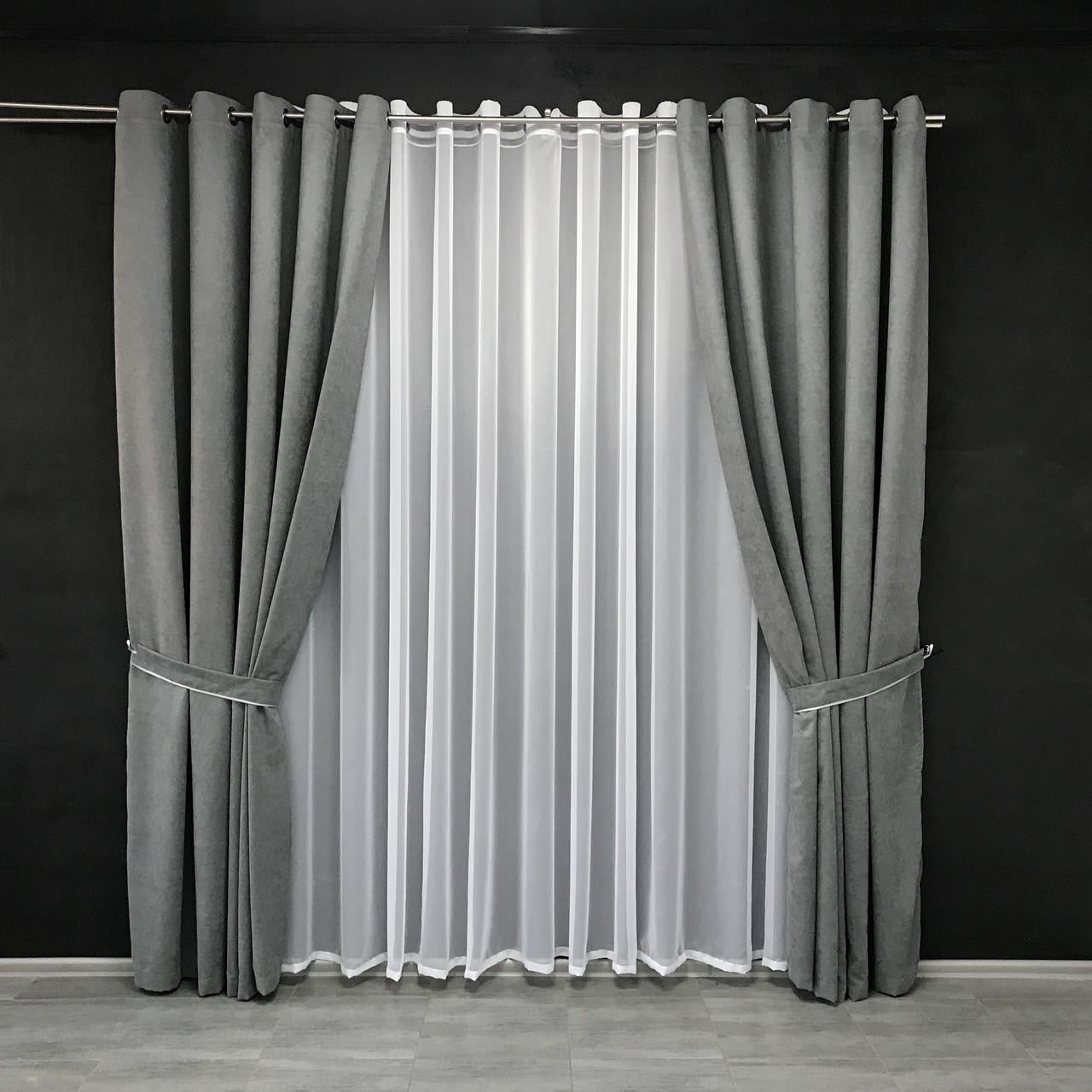 Шторы готовые однотонные из микровелюра на люверсах Серый