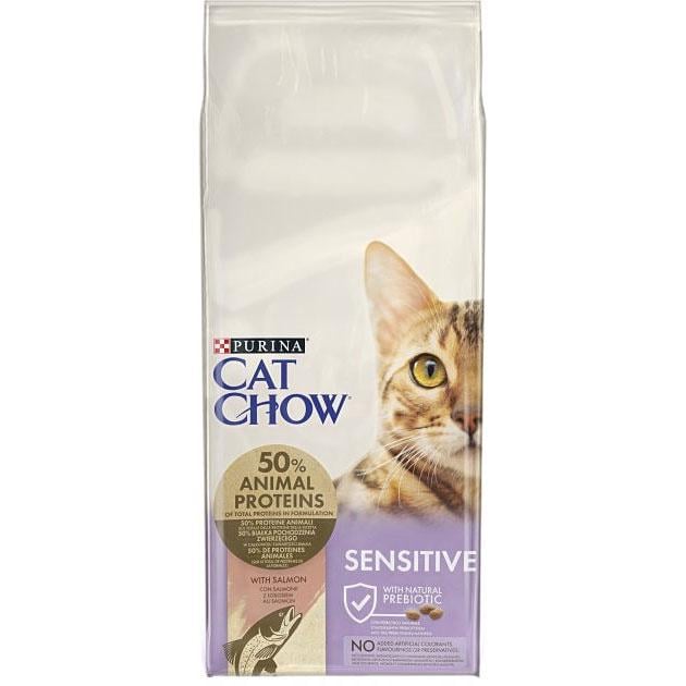 Корм сухой Purina Cat Chow Sensitive для взрослых кошек с чувствительной кожей и пищеварением с лососем 15 кг (7613035394902)