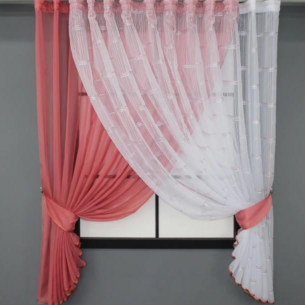 Фіранка на кухню з підв'язками 300х170 см Кораловий/Білий (101к)