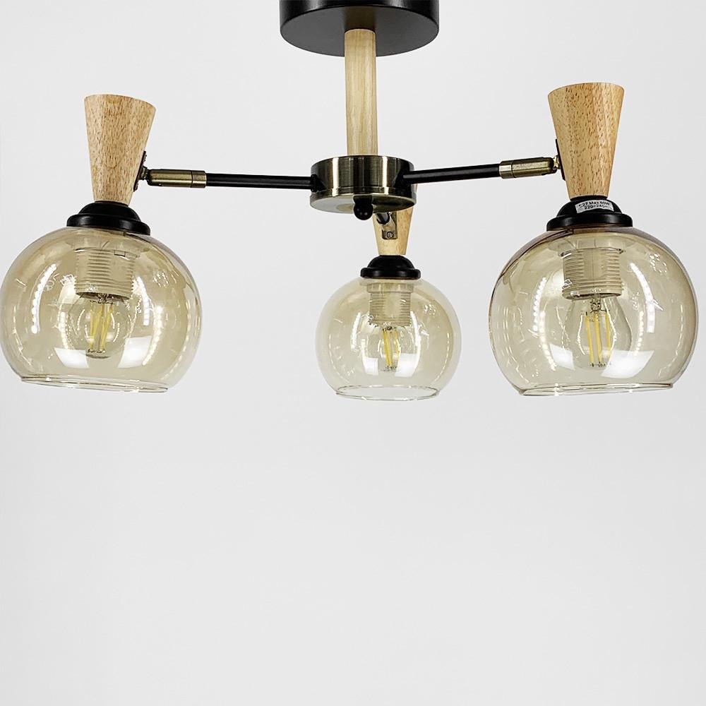 Люстра металлическая на 3 янтарных плафона с элементами дерева (51898/3) - фото 1 Люстра металлическая на 3 янтарных плафона с элементами дерева (51898/3) - фото 1