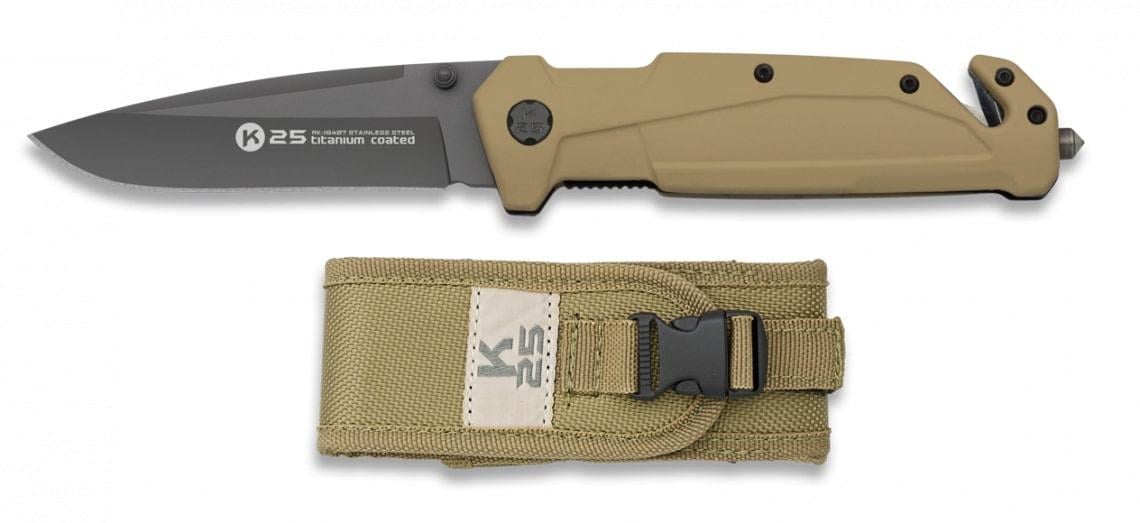 Карманный нож K25 90 мм Liner Lock 7Cr17Mov в нейлоновом футляре/нержавеющая сталь с титановым покрытием Хаки