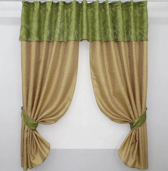 Комплект штор на кухню/балкон с ламбрекеном 270х170 см Золотистый/Оливковый (073к)