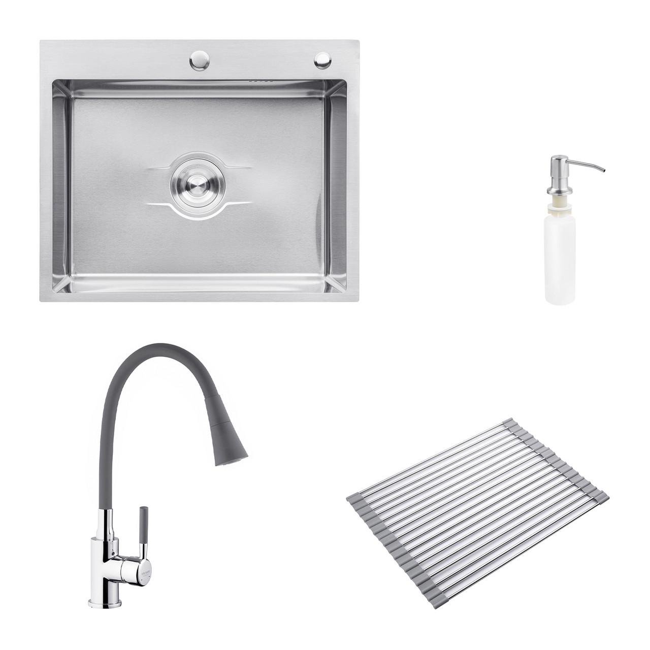 Комплект кухонна мийка Kroner Derby-6050HM Brush/cушарка для посуду Kroner Matte-GRA4333-2/змішувач (2669564693)